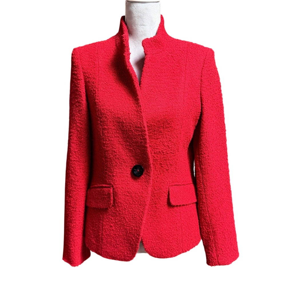 Anne Klein Red Funnel Neck Blazer 8 Boucle Textured Single Button Fitted Jacket